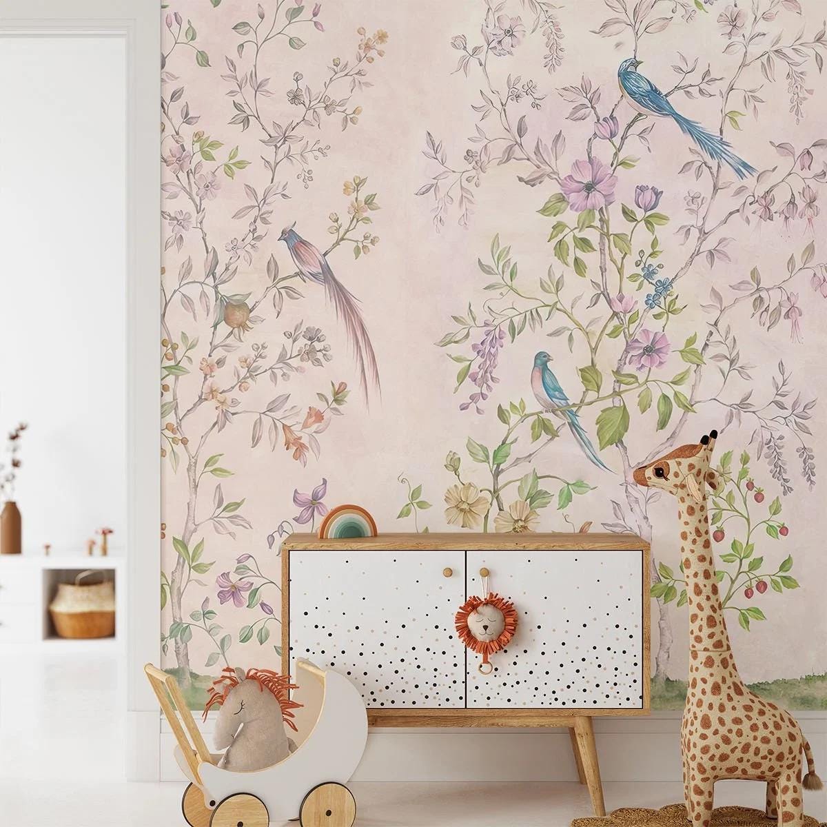Chinese Trees Wallpaper, Pink Floral and Birds Wallpaper, Bloom Wall Poster, Elegance Chinoiserie Wallpaper, Vintage Romantic Wallpaper