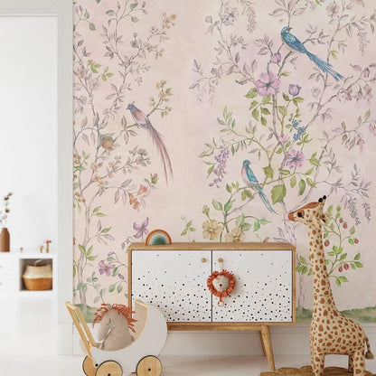 Chinese Trees Wallpaper, Pink Floral and Birds Wallpaper, Bloom Wall Poster, Elegance Chinoiserie Wallpaper, Vintage Romantic Wallpaper