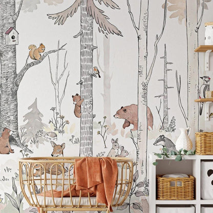 Animals in White Forest Wallpaper for Kids Room, Cute Animals Wallpaper Nursery, Watercolor Trees Kids Wallpaper