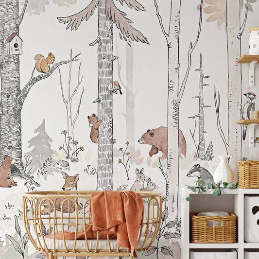 Animals in White Forest Wallpaper for Kids Room, Cute Animals Wallpaper Nursery, Watercolor Trees Kids Wallpaper