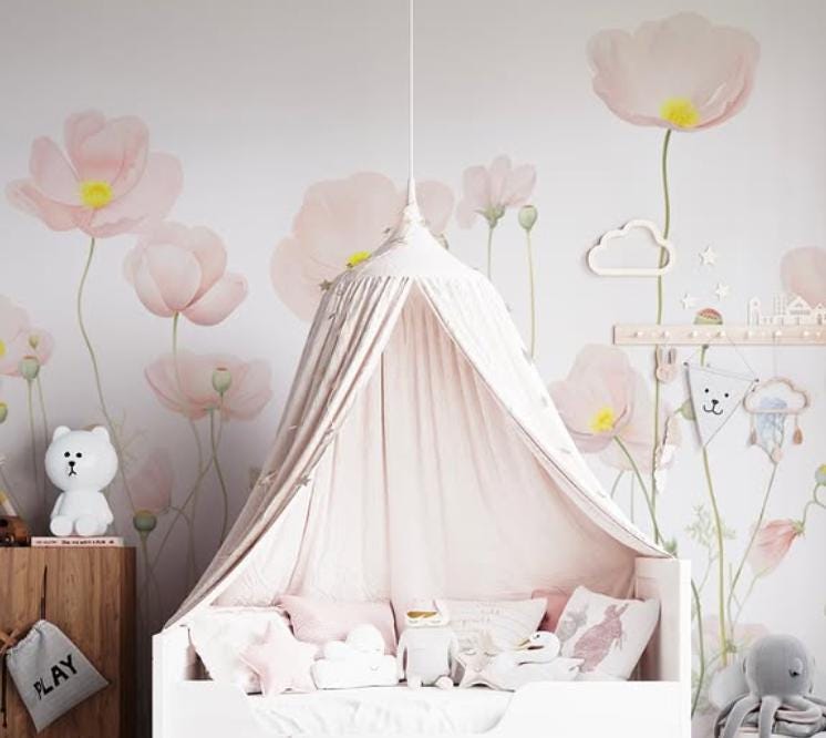Pink Spring Flowers Baby Girl Wallpaper, Flower Garden Baby Girl Wallpaper, Art Wallpaper Nursery, Watercolor Floral Wallpaper