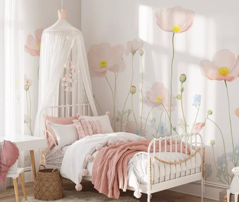 Pink Spring Flowers Baby Girl Wallpaper, Flower Garden Baby Girl Wallpaper, Art Wallpaper Nursery, Watercolor Floral Wallpaper