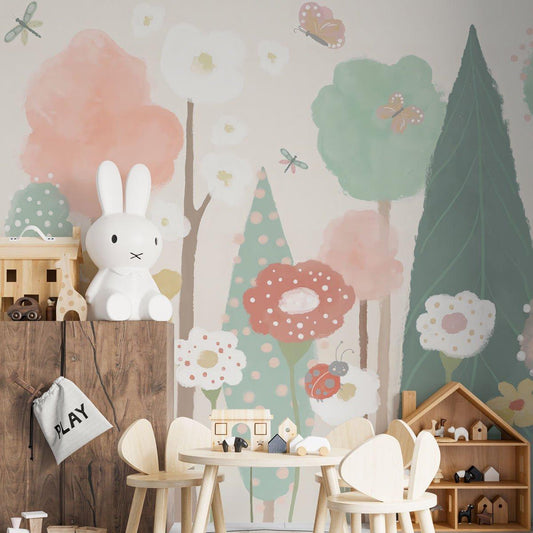 Colourful Illustration Butterflies and Flowers Baby Girl Wallpaper, Flower Garden Baby Girl Wallpaper, Watercolor Floral Wallpaper Nursery