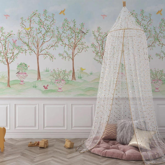 Spring Garden and Colourful Birds Wallpaper, Wallpaper Nursery, Nature Kids Poster, Soft White Baby Room Mural, Watercolor Wallpaper Nursery