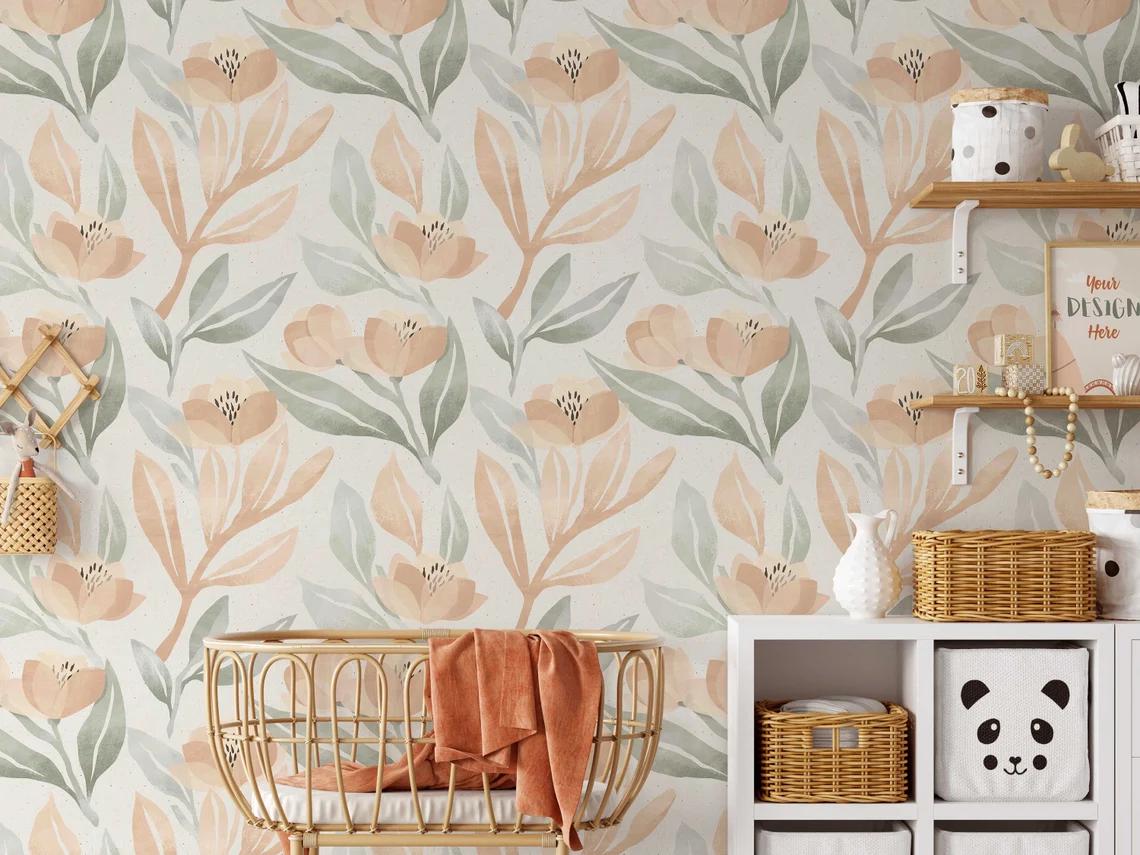 Somon Color Flowers Baby Girl Wallpaper, Flower Garden Baby Girl Wallpaper, Art Wallpaper Nursery, Watercolor Floral Wallpaper