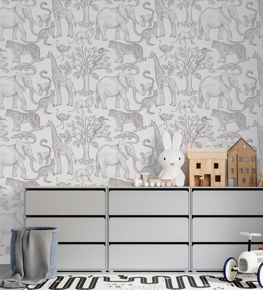 Gray Line Draw Animals Kids Wallpaper, Jungle Baby Room Wallpaper, Funny Kids Room Wall Poster, Drawwing Wallpaper Nursery, School Wallpaper