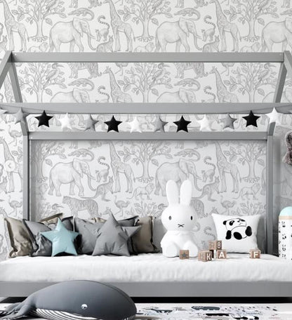 Gray Line Draw Animals Kids Wallpaper, Jungle Baby Room Wallpaper, Funny Kids Room Wall Poster, Drawwing Wallpaper Nursery, School Wallpaper