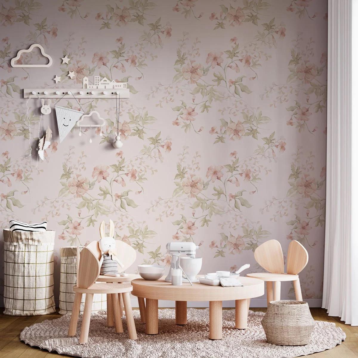 Soft Pink Color Flowers Baby Girl Wallpaper, Flower Garden Baby Girl Wallpaper, Art Wallpaper Nursery, Watercolor Floral Wallpaper