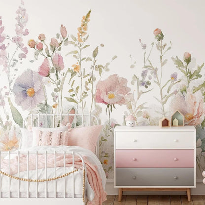 Watercolor Spring Flowers Nursery Wallpaper - Baby Girl Floral Mural