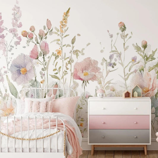Watercolor Mixed Spring Flowers Baby Girl Wallpaper, Flower Garden Kids Wallpaper, Art Wallpaper Nursery, Watercolor Floral Wallpaper