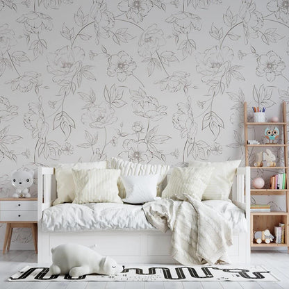 Black Pen Monochrome Flowers Wallpaper, Flower Garden Baby Girl Wallpaper, Art Wallpaper Nursery, Drawwing Wallpaper, Flowers Wallpaper