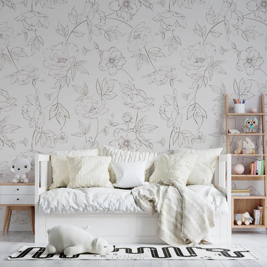 Black Pen Monochrome Flowers Wallpaper, Flower Garden Baby Girl Wallpaper, Art Wallpaper Nursery, Drawwing Wallpaper, Flowers Wallpaper