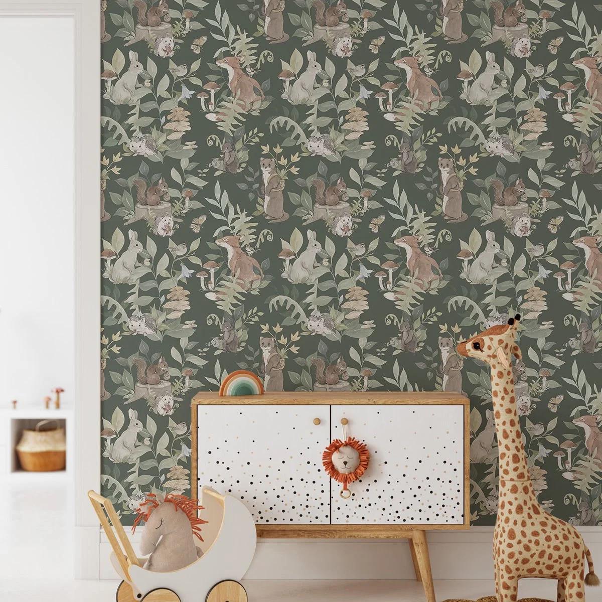 Squirrel Rabbit Hedgehog Forest Wallpaper For Kidsroom, Cute Animals Wallpaper Nursery, Nature Childrens Wallpaper, Baby Room Wallpaper