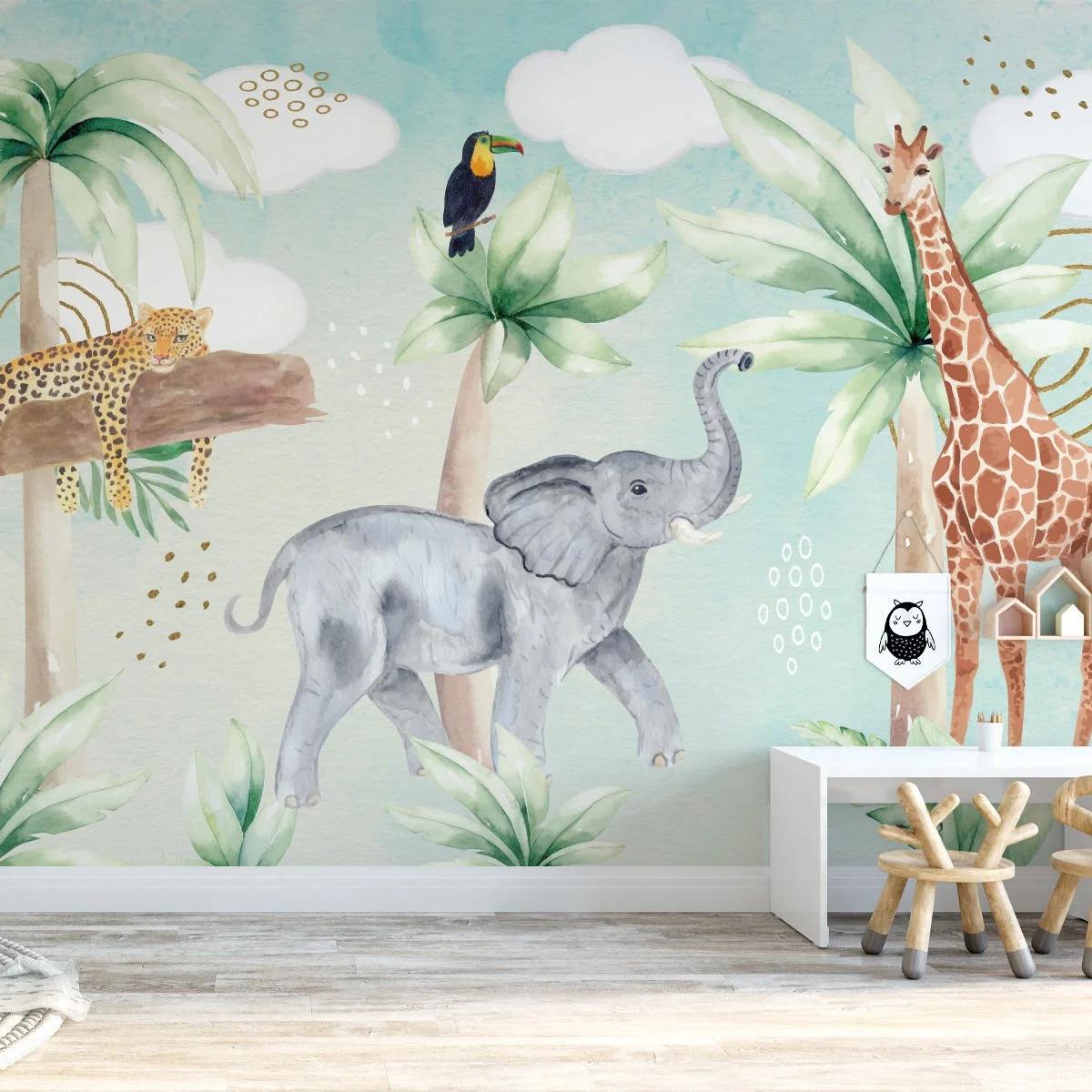 Watercolor Cute Jungle Animals Wallpaper Nursery, Nature Kids Wallpaper, Forest Child Wallpaper, Drawwing Wallpaper, Jungle Baby Wallpaper