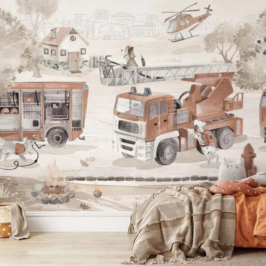 Fire-fighting Kids Room Wallpaper, Fire Truck Wall Poster, Cute Animals Firefighter Team Wallpaper Nursery, Peel and Stick Baby Wallpaper