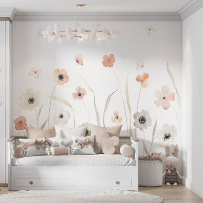 Autumn Flowers Baby Girl Wallpaper, Flower Garden Kids Wallpaper, Art Wallpaper Nursery, Watercolor Floral Wallpaper, Baby Girl Wallpaper