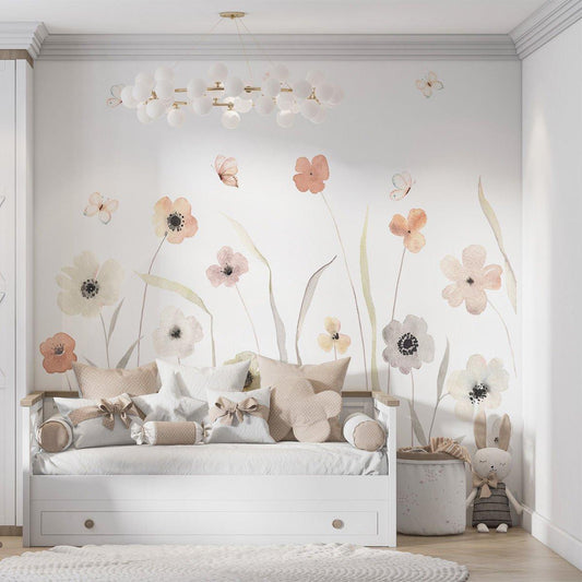 Autumn Flowers Baby Girl Wallpaper, Flower Garden Kids Wallpaper, Art Wallpaper Nursery, Watercolor Floral Wallpaper, Baby Girl Wallpaper