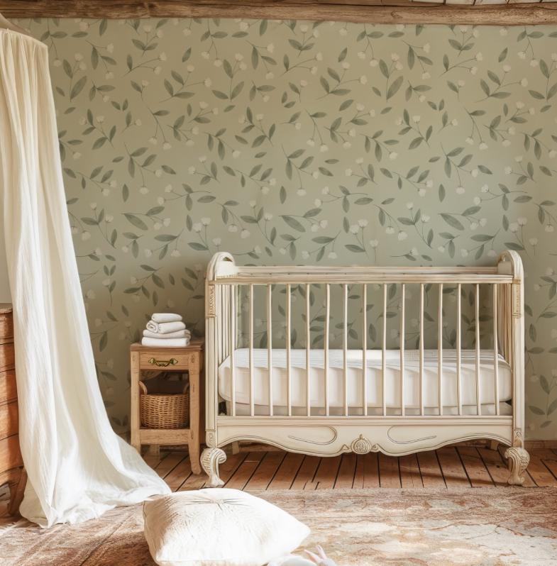 White Mini Flowers With Green leaves Kids Wallpaper, Green Wallpaper Nursery, Nature Kids Wall Mural, Peel & Stick Baby Girl Wall Poster
