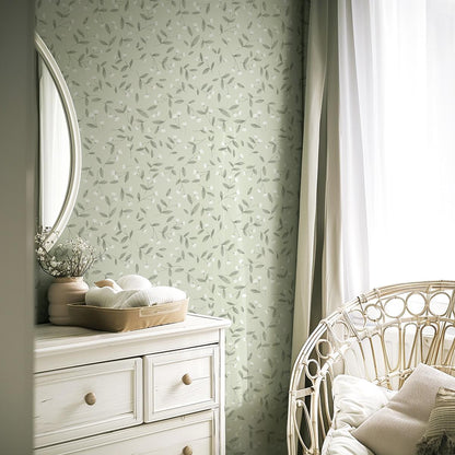 White Mini Flowers With Green leaves Kids Wallpaper, Green Wallpaper Nursery, Nature Kids Wall Mural, Peel & Stick Baby Girl Wall Poster