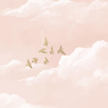Somon Pink Sky Wallpaper, Watercolor Somon Pink Cloud and Birds Wall Poster, Baby Girl Wallpaper, Painting Art Wallpaper Nursery