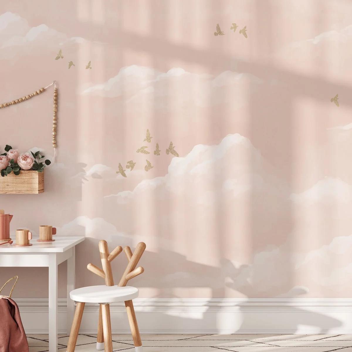 Somon Pink Sky Wallpaper, Watercolor Somon Pink Cloud and Birds Wall Poster, Baby Girl Wallpaper, Painting Art Wallpaper Nursery