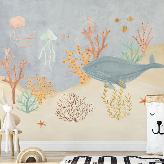 Whale Jellyfishand and Marine Plants Wallpaper, Underwater Wallpaper For Kidsroom, Sea Wallpaper Nursery, Peel & Stick Blue Wallpaper