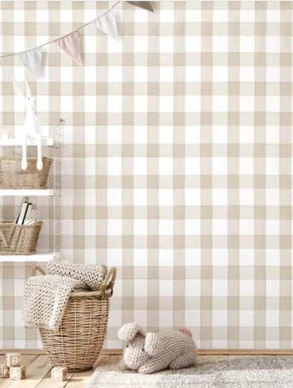 Beige Gingham Wallpaper – Neutral Checkered Farmhouse Wall Covering for Nursery