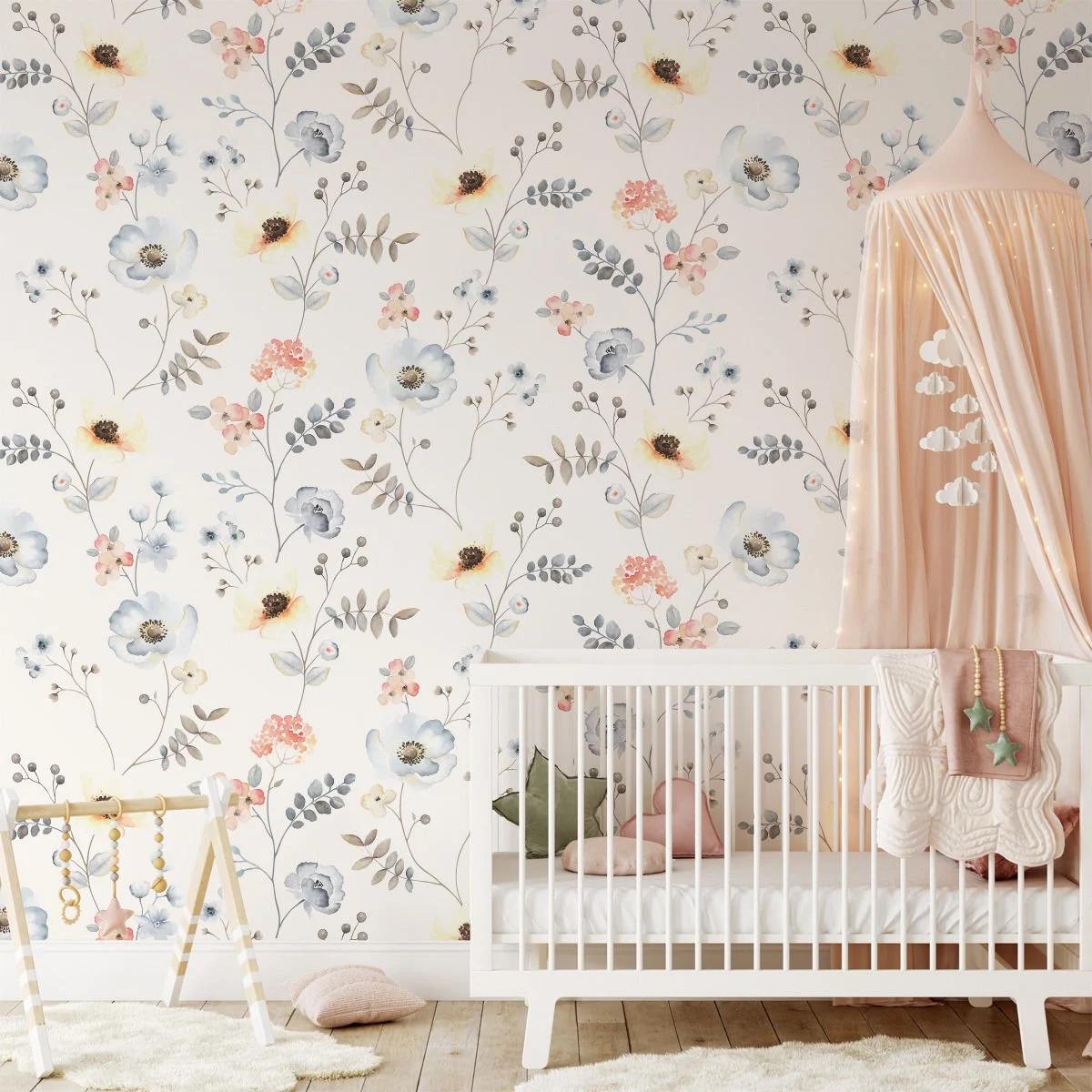 Meadow Flowers on Light Beige Background, Flowers Baby Girl Wallpaper, Flower Garden Wallpaper, Wallpaper Nursery, Watercolor Floral Mural
