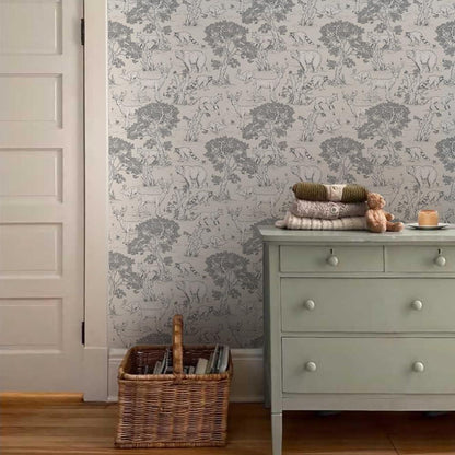 Monochrome Animals Child Wallpaper, Line Art Forest Baby Girl Wallpaper, Cute Animals Wallpaper Nursery, Drawwing Wallpaper for Kidsroom