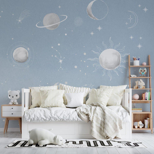 Moon Stars and Planets in The Blue Sky Kids Wallpaper, Star Team Child Wallpaper, Wallpaper Nursery, Blue Baby Wallpaper, Stars Wall Poster