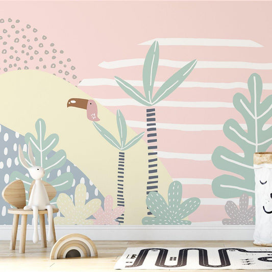 Colorful Illustration Tropical Forest Kids Wallpaper, Cute Animal Wallpaper for Kidsroom, Pink and Green Palm Trees Wallpaper Nursery