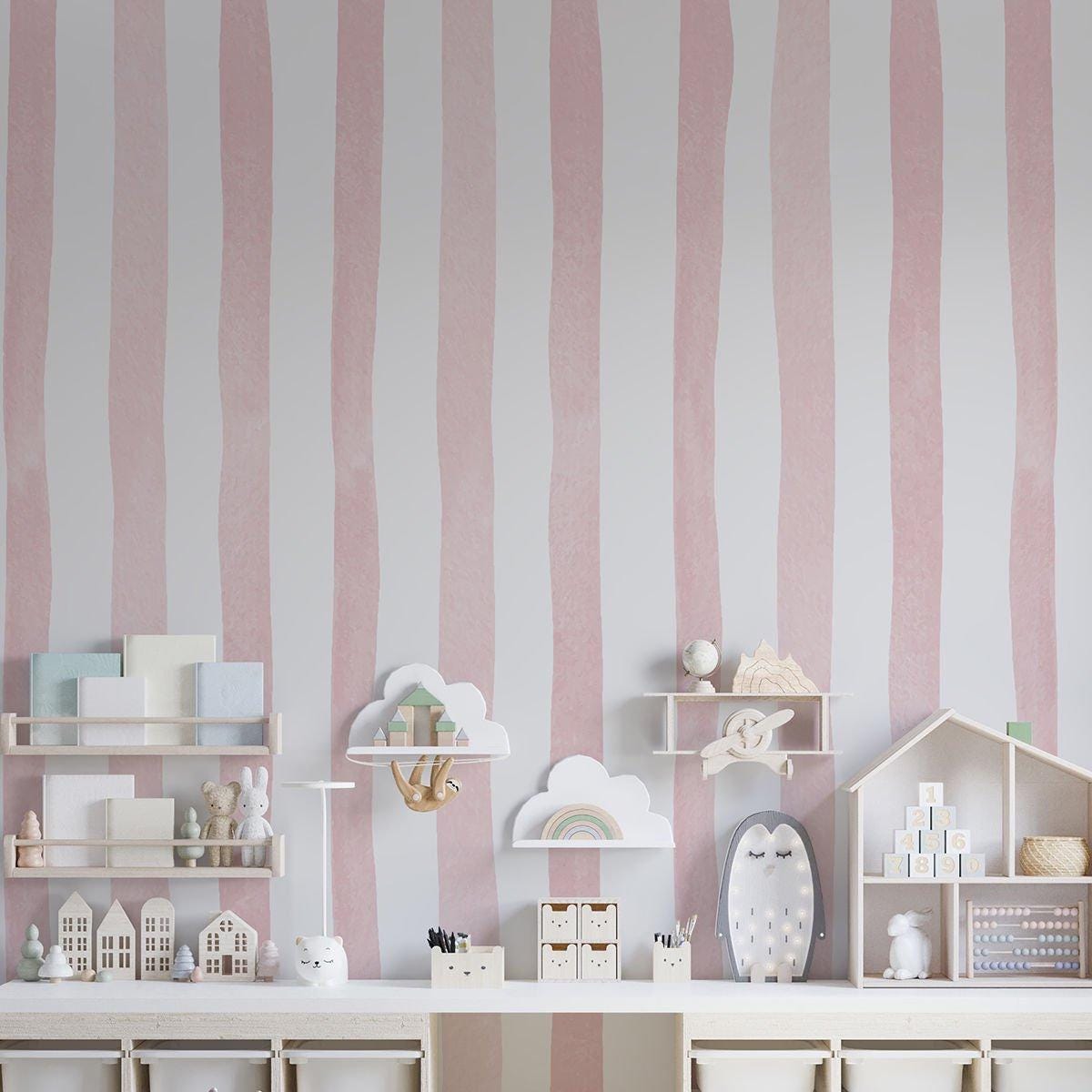 Child Room Pink Striped Wallpaper, Watercolor Kid Mural, Watercolor brush Wallpaper Nursery, School  Wallpaper, Pink Baby Room Wallpaper
