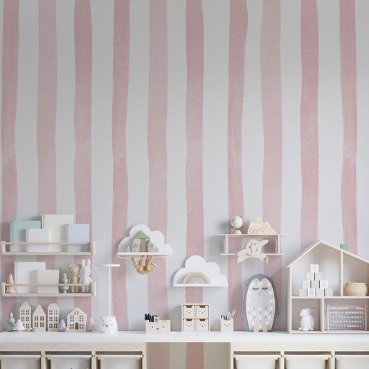 Child Room Pink Striped Wallpaper, Watercolor Kid Mural, Watercolor brush Wallpaper Nursery, School  Wallpaper, Pink Baby Room Wallpaper