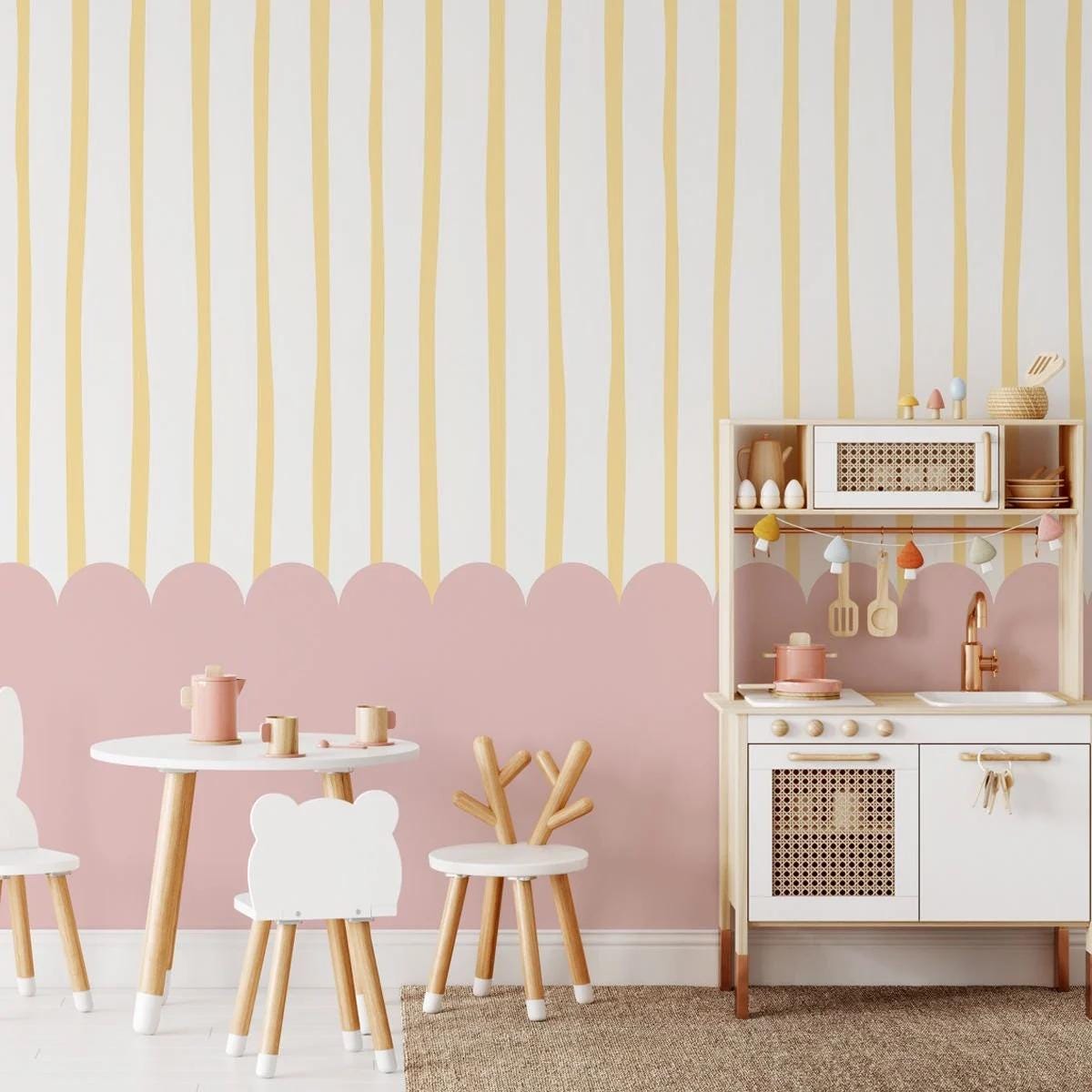 Ruffles and Stripes Pink Wallpaper, Watercolor Kid Mural, Watercolor brush Wallpaper Nursery, School  Wallpaper, Pink Baby Room Wallpaper
