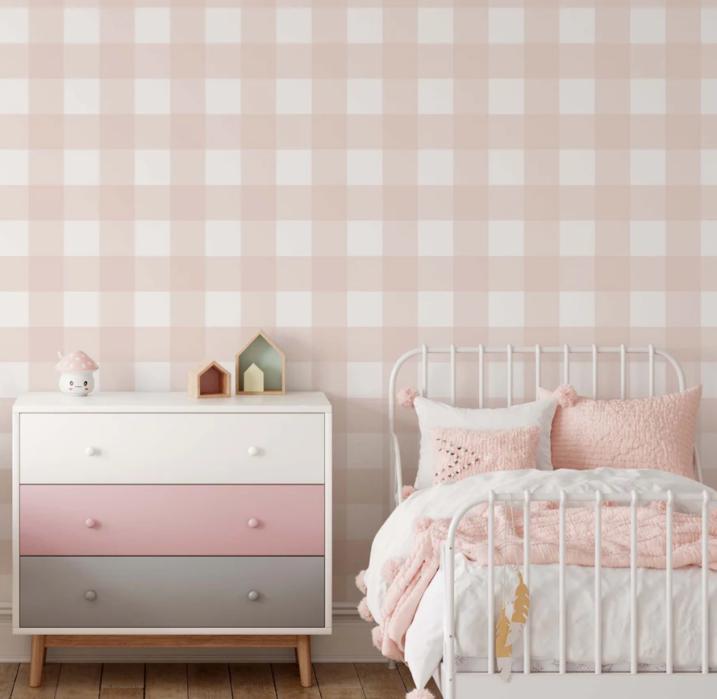 Big Pink Plaid Wallpaper, Watercolor Mural Nursery, Pink Baby Girl Wallpaper, School Wallpaper, Pink Baby Room Wallpaper