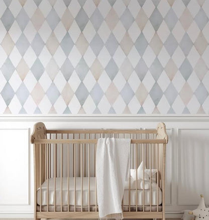 Harlequin Pattern Kidsroom Wallpaper, Watercolor Mural Nursery, Pink and Blue Baby Wallpaper, School Wallpaper, Diamond Baby Room Wallpaper