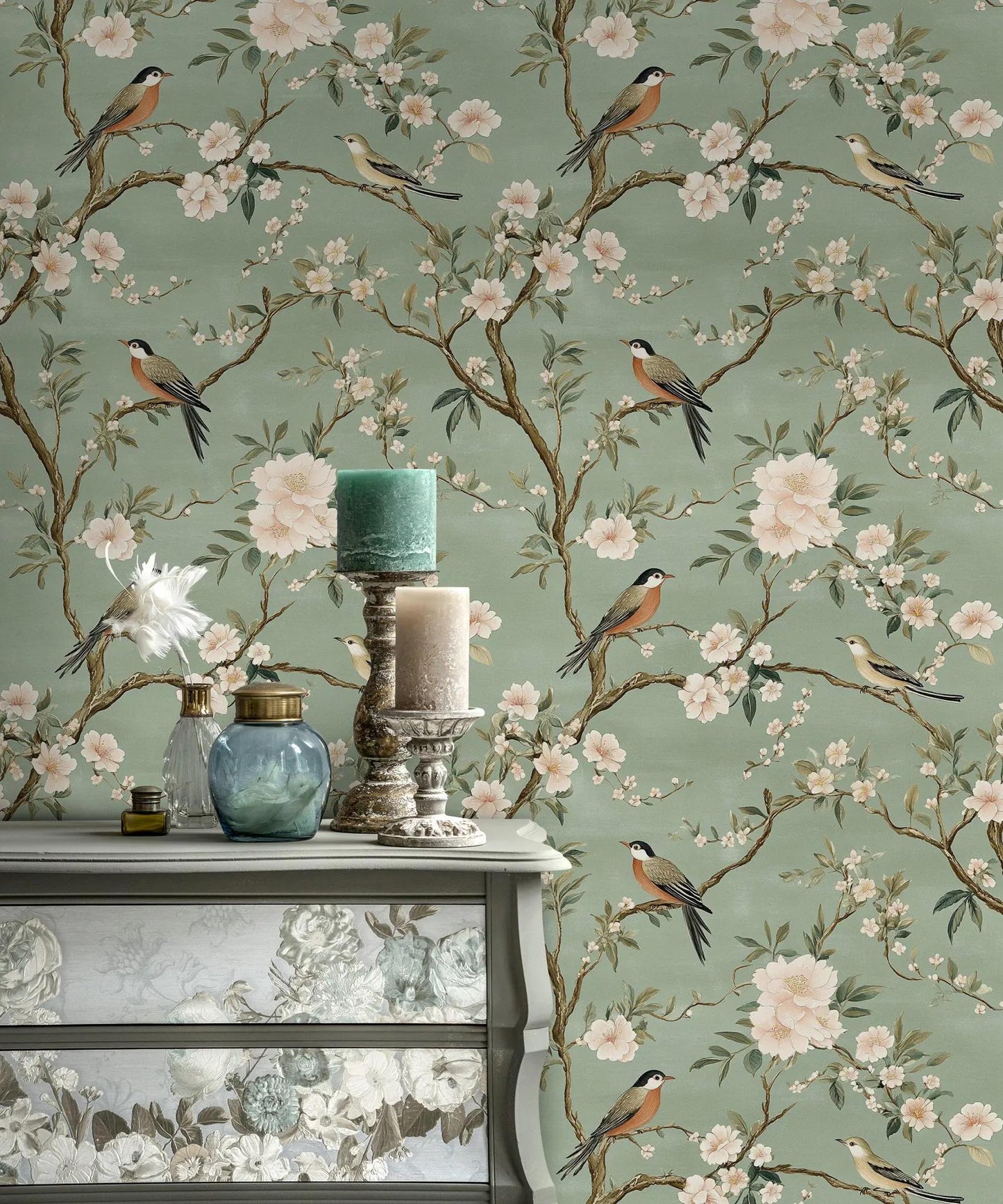 Elegance of Nature Hand-Drawn Green Background Wallpaper with Birds and Flowers, Vintage Floral Pattern Wallpaper, Romantic Drawing Mural