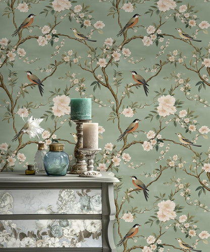 Elegance of Nature Hand-Drawn Green Background Wallpaper with Birds and Flowers, Vintage Floral Pattern Wallpaper, Romantic Drawing Mural