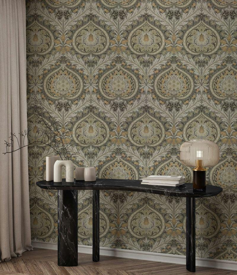 William Morris Ecru Green Eden Heart Wallpaper, Vintage Nature Wallpaper, Romantic Wall Mural, Peel and Stick Wallpaper, Art Wallpaper