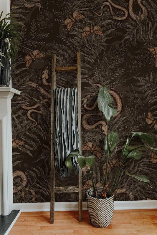 Dark Botanical wallpaper Snakes, Exotic Butterfly and Poison Ivy, Exotic Plants Black background Wallpaper, Leather Look Wallpaper