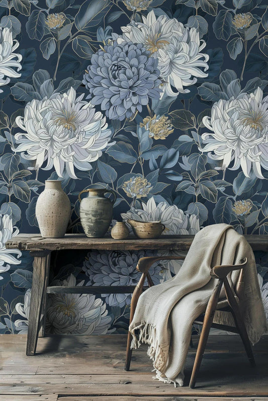 Blue Floral Wallpaper, Bohemian Wallpaper, Chrysanthemums Mural, Botany Peel and Stick Wallpaper, Stylish Room Design, Blue Wallpaper