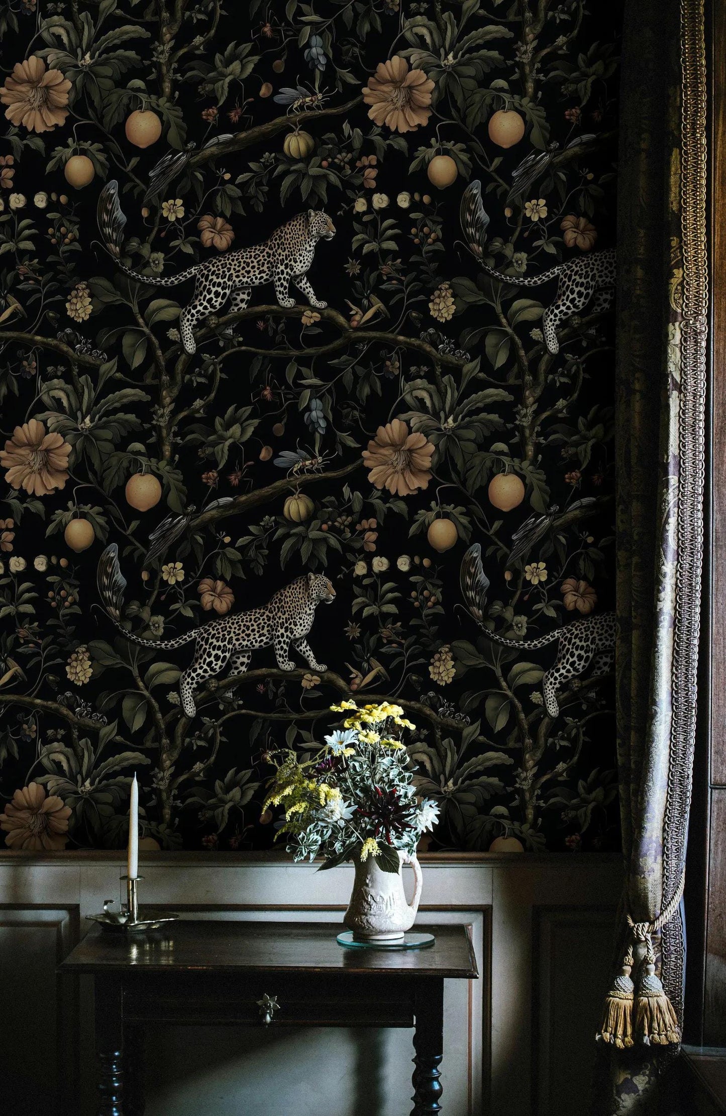 Exotic Fruits Flowers and Wild Leopard in Dark Jungle Wallpaper, Black Tropical Animal and Nature Wallpaper, Botanical and Lemon wallpaper