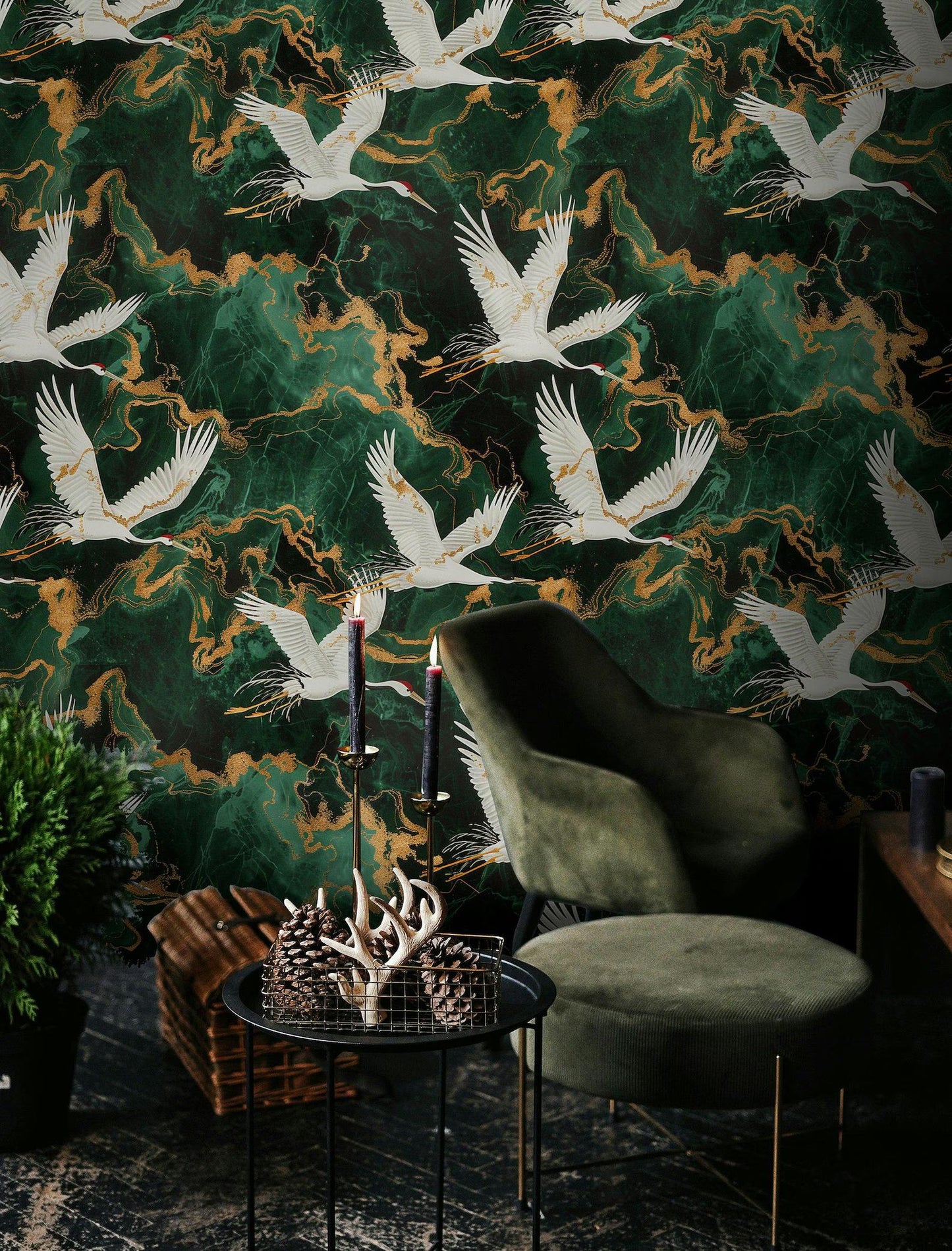 Crane Birds on Emerald Background Wallpaper, Mystic Artistic Wallpaper, Romantic Wall Mural, Peel and Stick Wallpaper, Bohemian Wallpaper