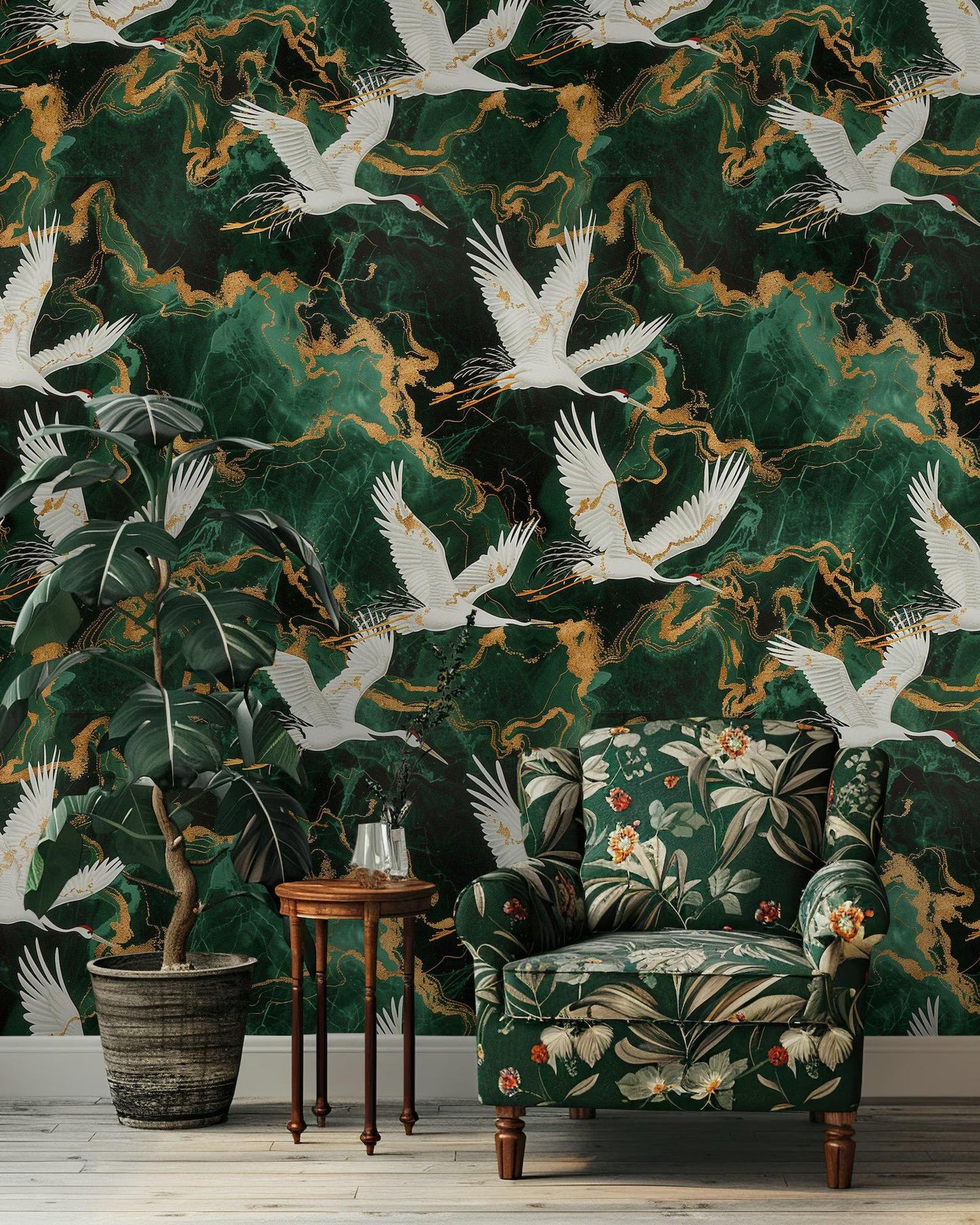 Crane Birds on Emerald Background Wallpaper, Mystic Artistic Wallpaper, Romantic Wall Mural, Peel and Stick Wallpaper, Bohemian Wallpaper