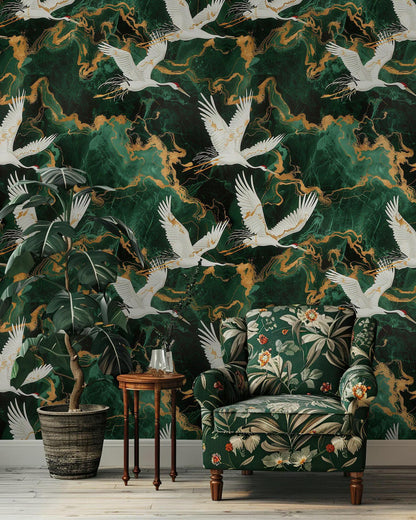 Crane Birds on Emerald Background Wallpaper, Mystic Artistic Wallpaper, Romantic Wall Mural, Peel and Stick Wallpaper, Bohemian Wallpaper
