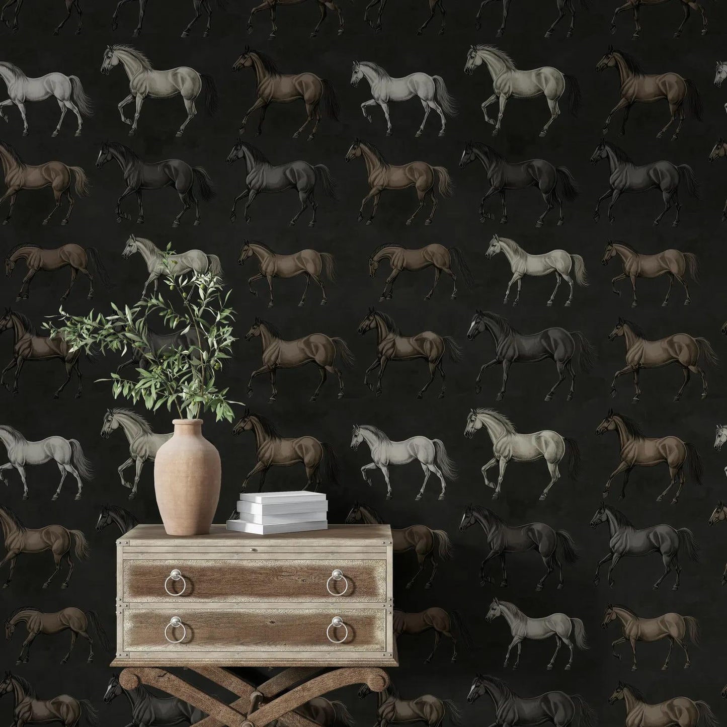 Vintage Horses Wallpaper, Unique Design Wallpaper, Mystic Artistic Wallpaper, Romantic Wall Mural, Peel&Stick Wallpaper, Bohemian Wallpaper