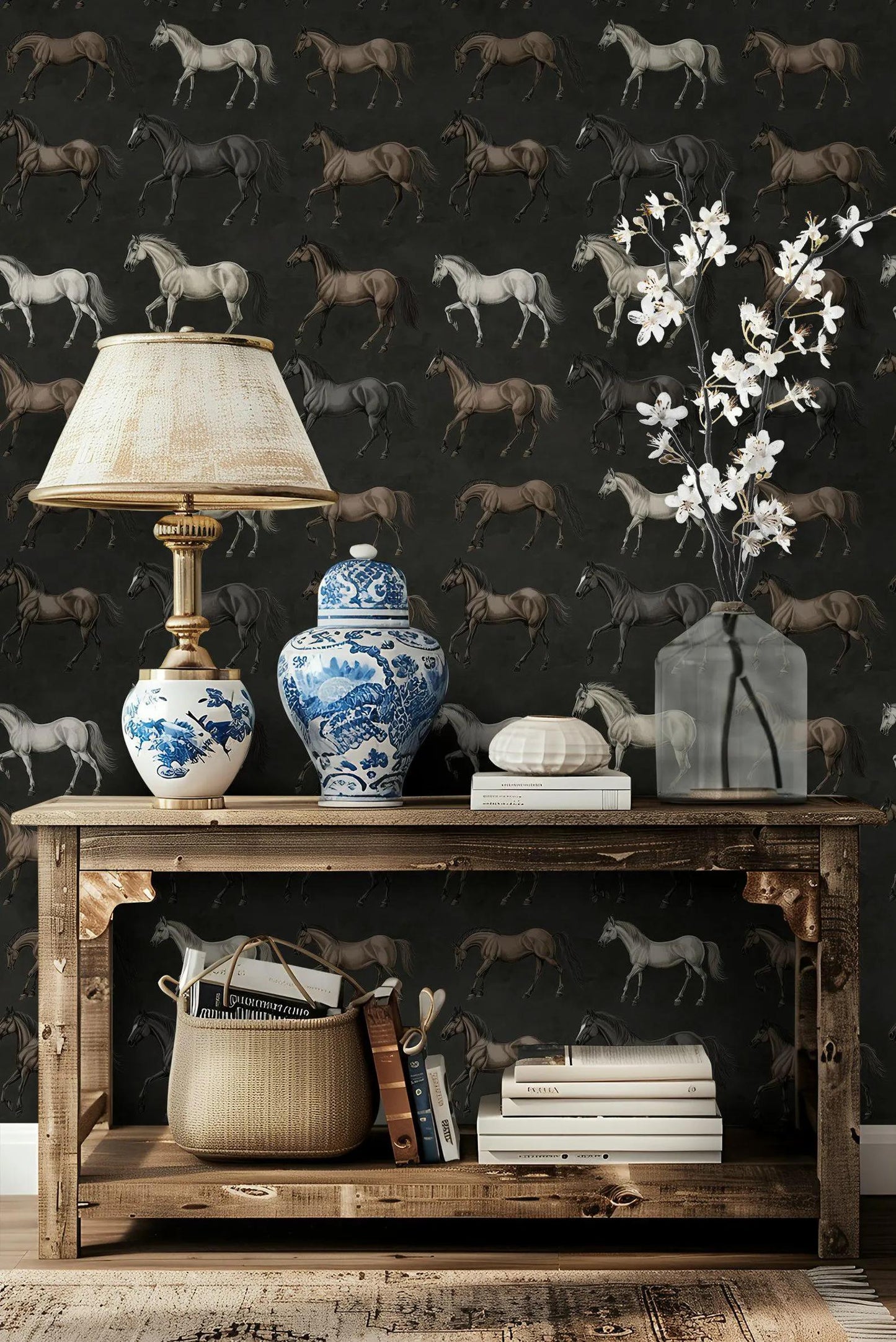 Vintage Horses Wallpaper, Unique Design Wallpaper, Mystic Artistic Wallpaper, Romantic Wall Mural, Peel&Stick Wallpaper, Bohemian Wallpaper