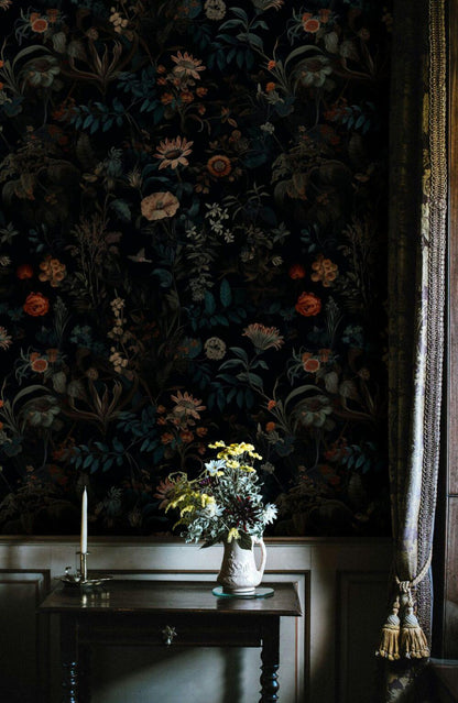 Elegant Dark Botanical Garden Wallpaper, Exotic Flowers on black Background, Mystic Wallpaper, Floral Wallpaper, Bohemian Wallpaper