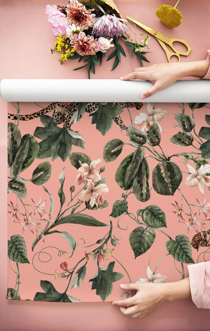 Leopard in Pink Jungle Wallpaper, Exotic Tropical Animal and Nature Wallpaper, Botanical Wallpaper, Floral Wallpaper