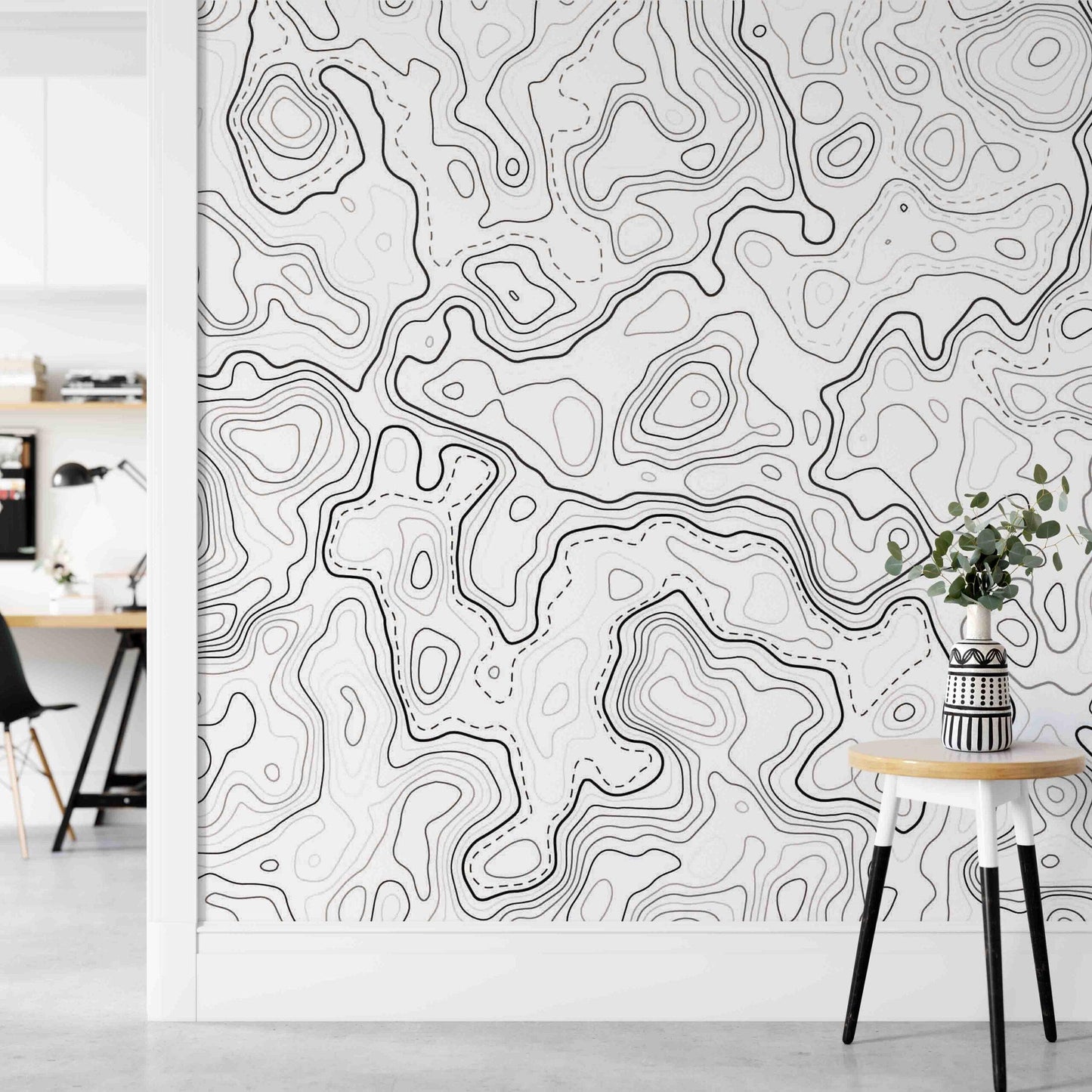Black and White Topographic Map Patterns Wallpaper, Peel and Stick Wallpaper, Stylish Room Design, Modern Wallpaper, Abstract Wallpaper